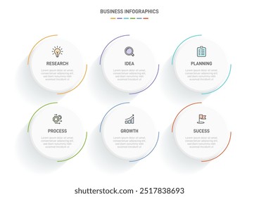 6 clean infographic design shaped elements template, symbolizing the six stages of business strategy and progression. Progress bar or timeline. Vector for presentation, web site or app.