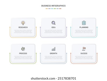 6 Plantilla de Elementos en forma de diseño infográfico limpio, que simboliza las seis etapas de la estrategia y la progresión empresarial. Barra de progreso o línea de tiempo. Vector para presentación, Sitio web o App.