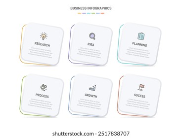 6 Plantilla de Elementos en forma de diseño infográfico limpio, que simboliza las seis etapas de la estrategia y la progresión empresarial. Barra de progreso o línea de tiempo. Vector para presentación, Sitio web o App.