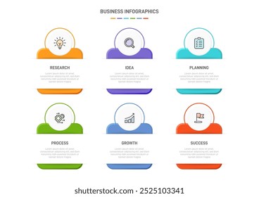 6 clean infographic design shaped elements template, symbolizing the six stages of business strategy and progression. Progress bar or timeline. Vector for presentation, web site or app.