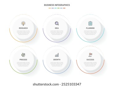 6 clean infographic design shaped elements template, symbolizing the six stages of business strategy and progression. Progress bar or timeline. Vector for presentation, web site or app.