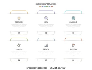 6 clean infographic design shaped elements template, symbolizing the six stages of business strategy and progression. Progress bar or timeline. Vector for presentation, web site or app.