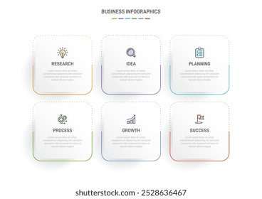 6 clean infographic design shaped elements template, symbolizing the six stages of business strategy and progression. Progress bar or timeline. Vector for presentation, web site or app.