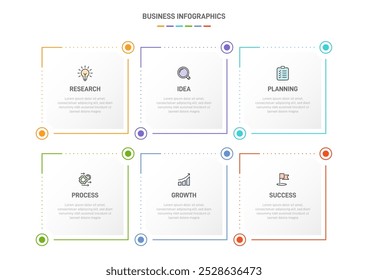 6 clean infographic design shaped elements template, symbolizing the six stages of business strategy and progression. Progress bar or timeline. Vector for presentation, web site or app.