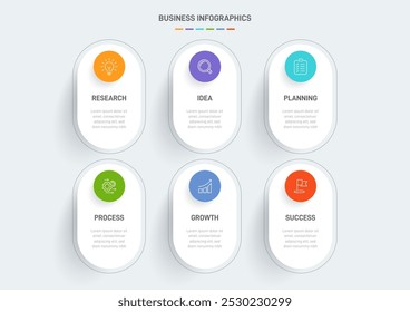 6 clean infographic design shaped elements template, symbolizing the six stages of business strategy and progression. Progress bar or timeline. Vector for presentation, web site or app.