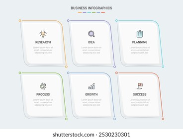 6 Plantilla de Elementos en forma de diseño infográfico limpio, que simboliza las seis etapas de la estrategia y la progresión empresarial. Barra de progreso o línea de tiempo. Vector para presentación, Sitio web o App.