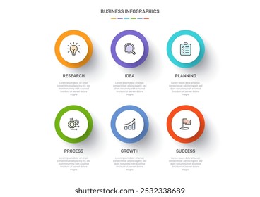 6 modelo de elementos em forma de design infográfico limpo, simbolizando os seis estágios da estratégia de negócios e progressão. Barra de progresso ou linha do tempo. Vetor para apresentação, site ou aplicativo.