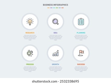 6 Plantilla de Elementos en forma de diseño infográfico limpio, que simboliza las seis etapas de la estrategia y la progresión empresarial. Barra de progreso o línea de tiempo. Vector para presentación, Sitio web o App.