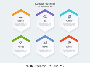 6 clean infographic design shaped elements template, symbolizing the six stages of business strategy and progression. Progress bar or timeline. Vector for presentation, web site or app.
