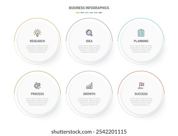 6 modelo de elementos em forma de design infográfico limpo, simbolizando os seis estágios da estratégia de negócios e progressão. Barra de progresso ou linha do tempo. Vetor para apresentação, site ou aplicativo.
