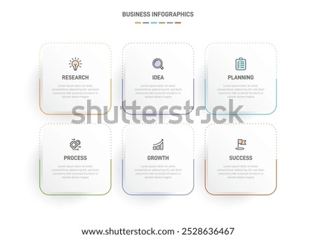6 clean infographic design shaped elements template, symbolizing the six stages of business strategy and progression. Progress bar or timeline. Vector for presentation, web site or app.