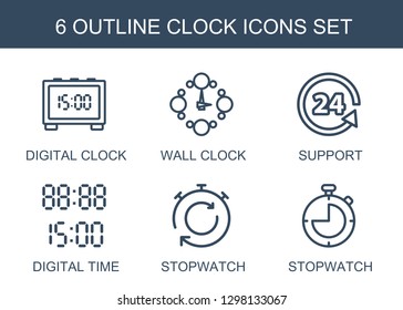 6 clock icons. Trendy clock icons white background. Included outline icons such as digital clock, wall support, digital time, stopwatch. icon for web and mobile.