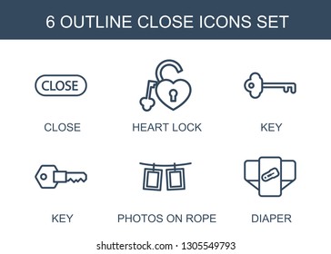 6 close icons. Trendy close icons white background. Included outline icons such as heart lock, key, photos on rope, diaper. close icon for web and mobile.