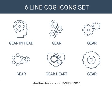 6 cog icons. Trendy cog icons white background. Included line icons such as gear in head, gear, gear heart. cog icon for web and mobile.
