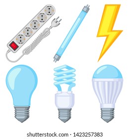 6 colorful cartoon electric elements set. Lightning, light bulb and neon tube. Electricity themed vector illustration for icon, label, certificate, brochure, coupon or banner decoration