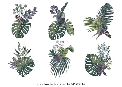 6 colorful hand drawn bouquetes with tropical leaves and plants. Sketched vector illustration