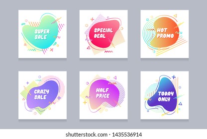 6 Colorful modern liquid abstract sale set. Clearance flash sale, big sale,mega sale, best offer, hot price etc text gradient flat style design fluid vector illustration banner shape advertising