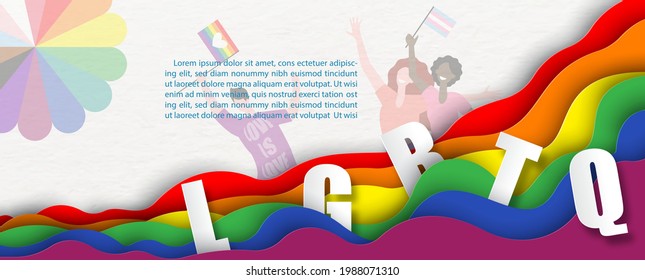 6 Colors bar of Pride flag (symbols of LGBT rights) with abbreviation of transgender in paper cut style and example texts on happy people in cartoon character and white paper pattern background.
