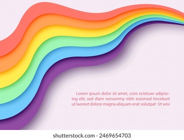 6 Colors bar of Pride flag (symbols of LGBT rights) in paper cut style and example texts on pink background. Greeting card and poster of Pride month in vector design.