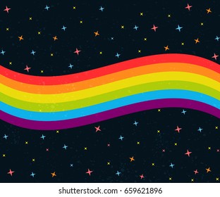 6 colors rainbow wave on dark night sky with stars. Gay pride flag.