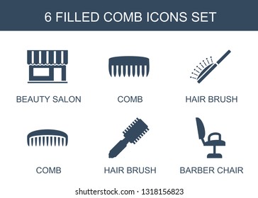 6 comb icons. Trendy comb icons white background. Included filled icons such as beauty salon, hair brush, barber chair. comb icon for web and mobile.