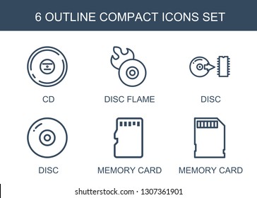 6 compact icons. Trendy compact icons white background. Included outline icons such as CD, disc flame, disc, memory card. compact icon for web and mobile.