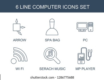 6 computer icons. Trendy computer icons white background. Included line icons such as arrow, spa bag, pc, wi fi, serach music, mp player. computer icon for web and mobile.