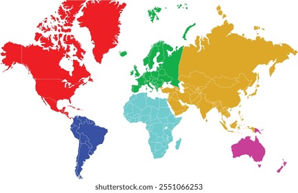 6 Continente en el mapa mundial, Mapa del mundo en color, Mapa geográfico, Mapa de Country, Línea fronteriza del continente, Asia, África, Europa, América del Norte, América del Sur, Australia Oceanía