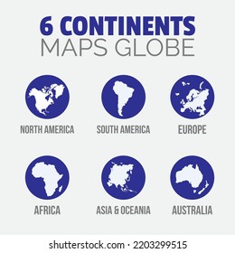 6 Kontinentenkarten auf den Globus - Vektorgrafik - Nordamerika, Südamerika, Europa, Afrika, Asien und Ozeanien - Australien - Weltweite Karte