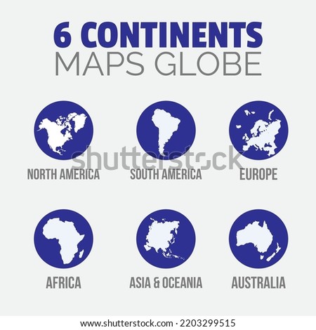 6 Continents Maps on Globes - vector Illustration - North America, South America, Europe, Africa, Asia and Oceania - Australia vector Global Map