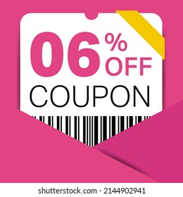 6% Coupon promotion sale for a website, internet ads, social media gift 6% off discount voucher. Big sale and super sale coupon discount. Price Tag Mega Coupon discount with vector illustration.