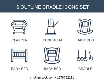 6 cradle icons. Trendy cradle icons white background. Included outline icons such as playpen, pendulum, baby bed. cradle icon for web and mobile.