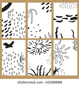 6 Creative Universal Cards with Hand Drawn Hipster Textures. Perfect For Wedding Invitations, Posters and Party Flyer Design