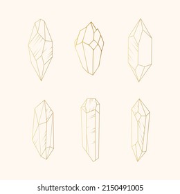 6 crystals golden set .  Simple mineral line icons isolated on white background.   Hand drawn esoteric vector illustration.