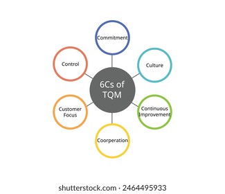 6 Cs Of TQM or Total Quality Management for Commitment, culture, customer focus, Continuous improvement, cooperation, control