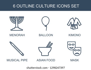6 culture icons. Trendy culture icons white background. Included outline icons such as menorah, balloon, kimono, musical pipe, asian food, mask. culture icon for web and mobile.