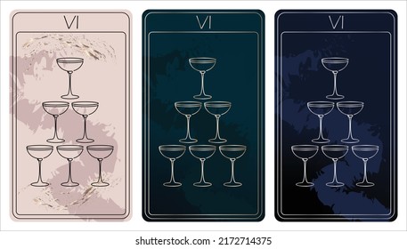 6 of Cups. A card of Minor arcana one line drawing tarot cards. Tarot deck. Vector linear hand drawn illustration with occult, mystical and esoteric symbols. 3 colors. Proposional to 2,75x4,75 in.