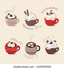 6 cups of hot coffee, chocolate, whipped cream, marshmallow, cinnamon. Vector, beige background, isolated.