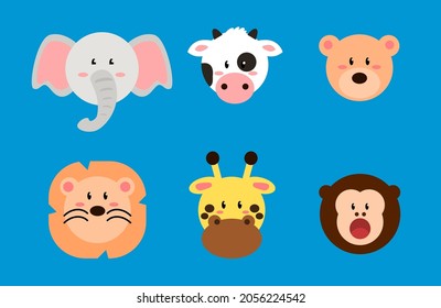 6 Cute Animals Elephant Cow Bear Lion Giraffe Monkey Vector Illustration