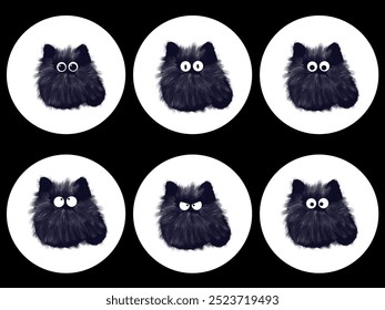 6 Cute black fluffy cats illustration for Halloween