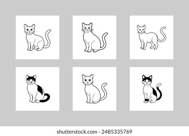 6 cute cat line art vector illustration icon set