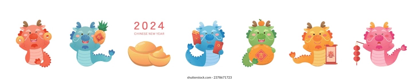 6 adorables personajes de dragones o mascotas chinas o personajes de dibujos animados, juguetones y lindos, elementos vectores para el Año Nuevo Chino, traducción: primavera