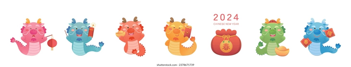 6 cute Chinese dragon characters or mascots or cartoon characters, playful and cute, vector elements for Chinese New Year, translation: spring