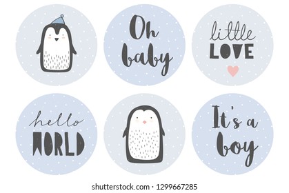 6 Cute Circle Shape Tags. Tiny White Dots on a  Blue Backgrounds. Gray Letters. Adorable Little Penguins. It's a Boy. Delicate Grunge Nursery Art. Pastel  Colors.