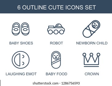 6 cute icons. Trendy cute icons white background. Included outline icons such as baby shoes, robot, newborn child, laughing emot, baby food, Crown. cute icon for web and mobile.