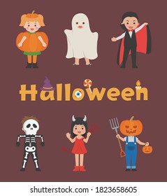 6 cute kids Halloween ghost costumes, cartoon comic vector illustration