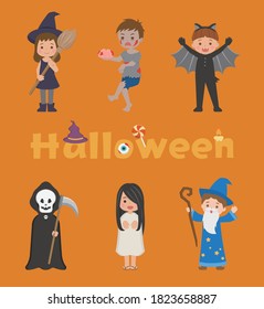 6 cute kids Halloween ghost costumes, cartoon comic vector illustration