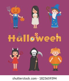 6 cute kids Halloween ghost costumes, cartoon comic vector illustration