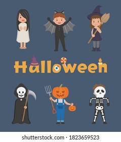 6 cute kids Halloween ghost costumes, cartoon comic vector illustration