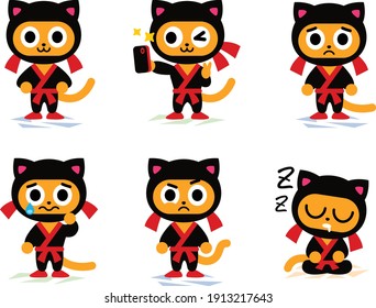 6 cute kitty ninja mascot emoji